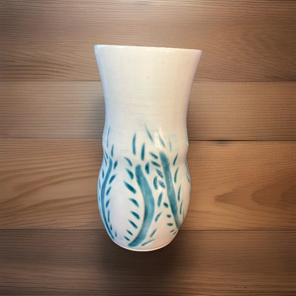 Vintage Stoneware Pottery Ceramic Vase White/teal Signed Kloock '85 Unique‎ 6.5